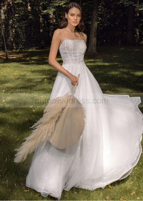 Beaded Spaghetti Straps Ivory Lace Organza Fairytale Wedding Dress